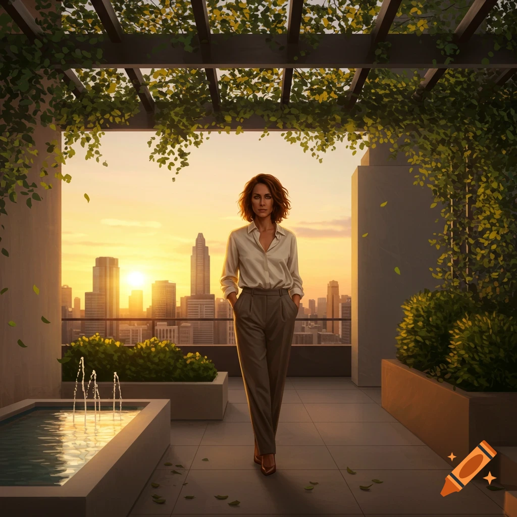 A photorealistic image of a woman standing on a rooftop patio, looking directly forward, with a city skyline at sunset in the background.