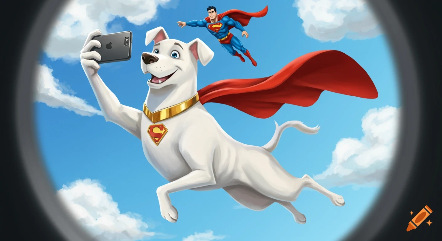 Krypto the Superdog flies, taking a selfie with an iPhone, as Superman flies behind him, seen through a camera lens.