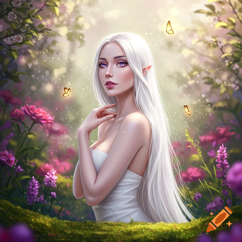 A beautiful elf-like woman with long white hair and purple eyes in a well-lit magical forest surrounded by flowers.