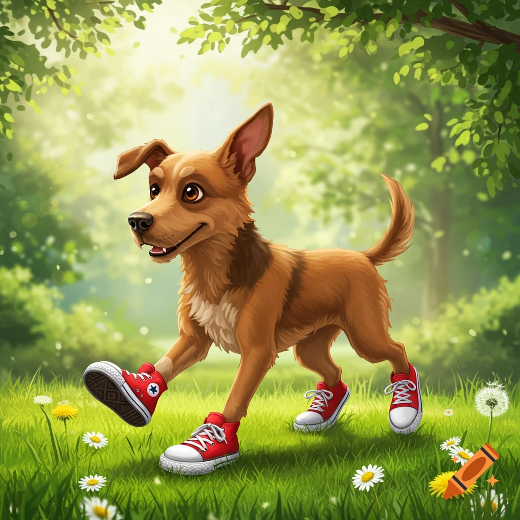 A cartoon brown dog wearing red sneakers walks through a sunny grassy field with flowers.