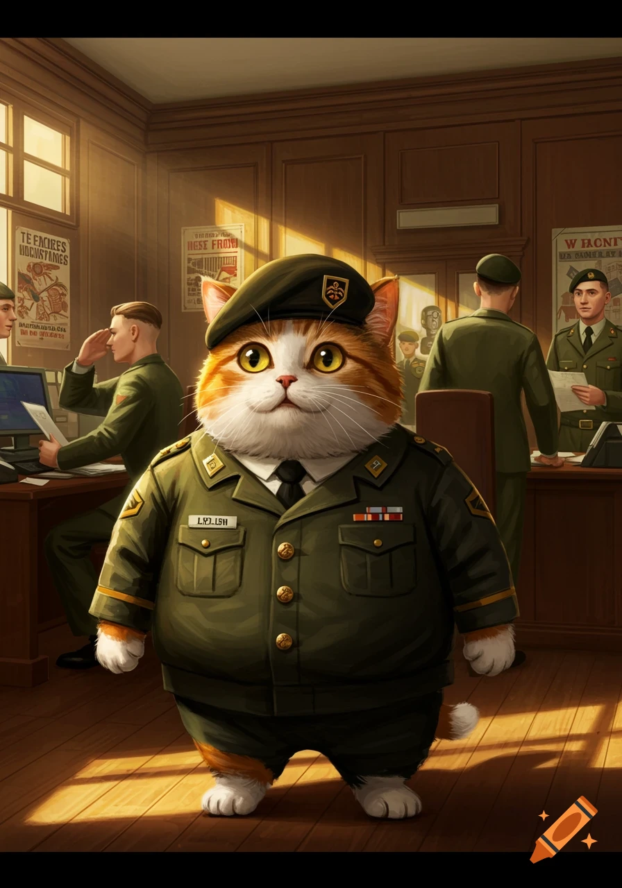 A fat ginger and white cat wearing a green military uniform and beret stands in an army office, surrounded by human soldiers. The cat has large yellow eyes and looks forward with a slight smile.