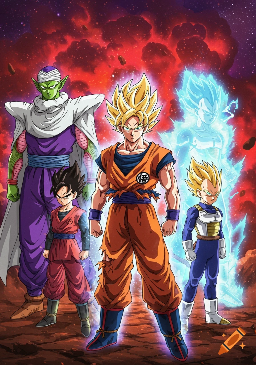 Goku, Gohan, Piccolo, and a spectral Super Saiyan Blue Vegeta stand against a red, stormy sky in a Dragon Ball Z style.