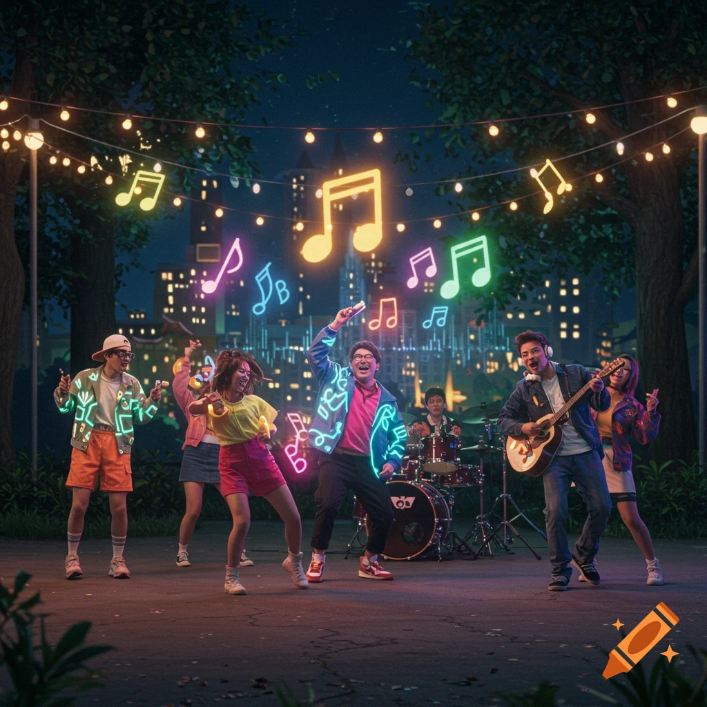 A vibrant nighttime scene with a band performing under string lights and glowing musical notes. People are dancing and playing instruments.
