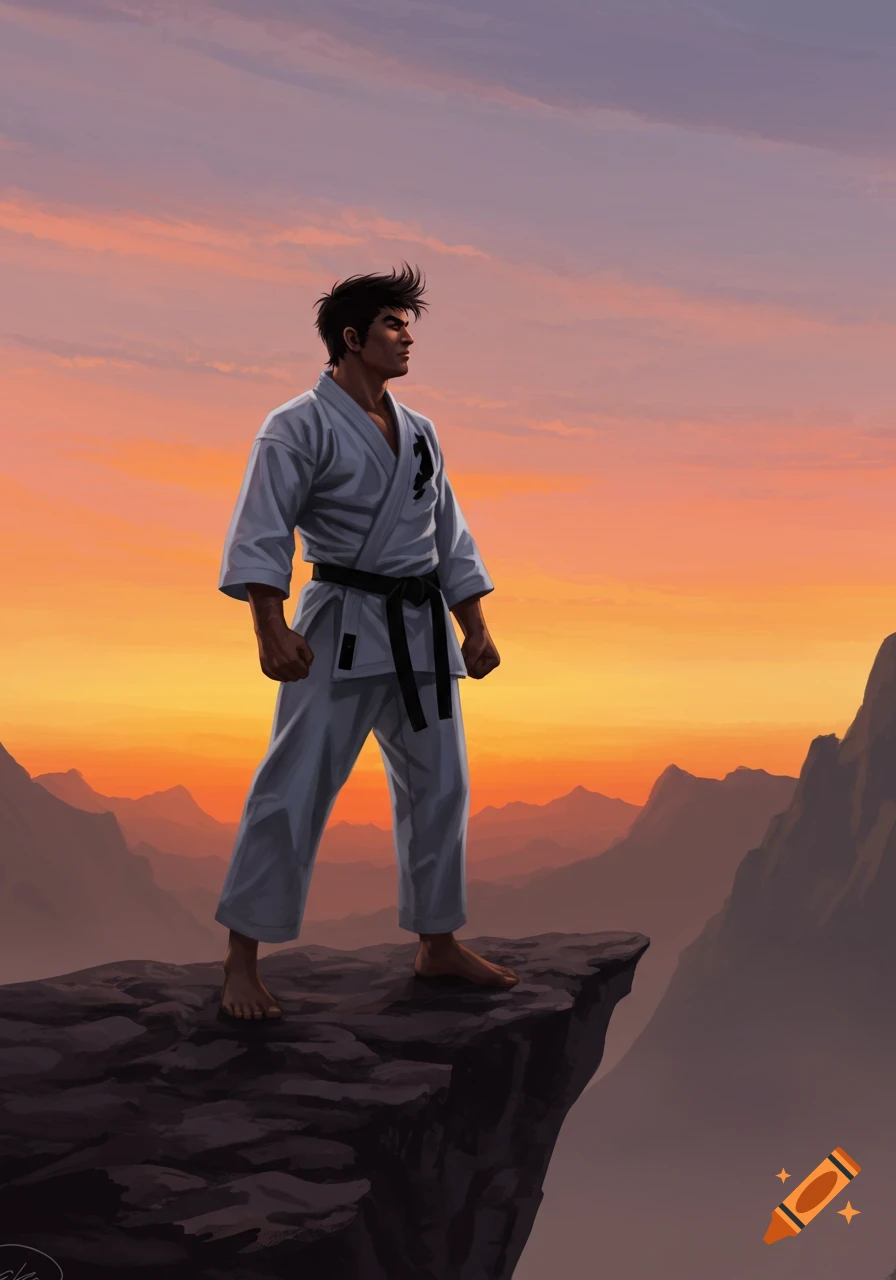 A stylized illustration of a martial artist in a white gi and black belt, standing on a rocky cliff overlooking a vast mountain range at sunset, looking towards the right.