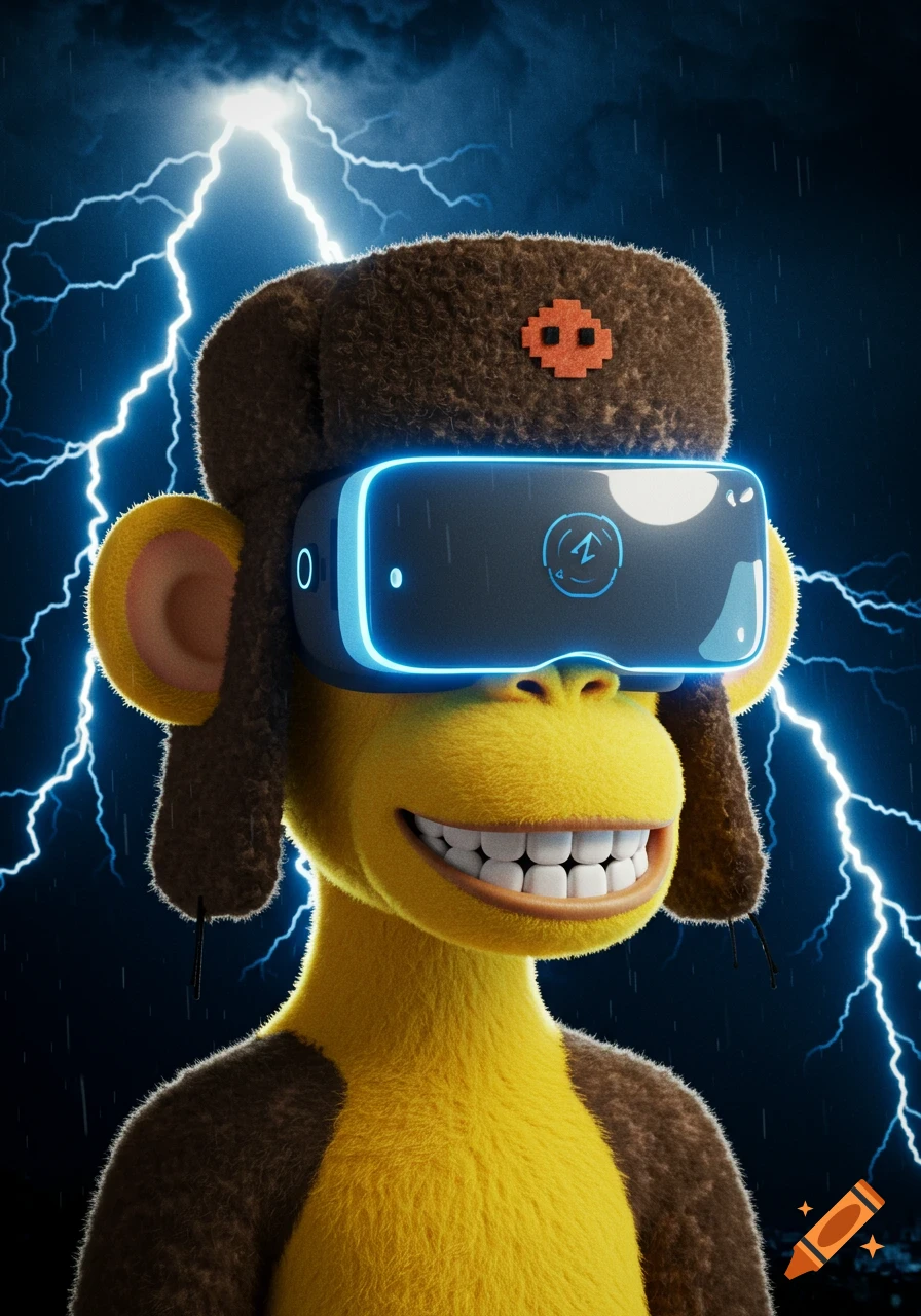 A yellow furry monkey wearing a brown ushanka hat and a glowing blue VR headset smiles, with bright lightning bolts in the dark rainy background.