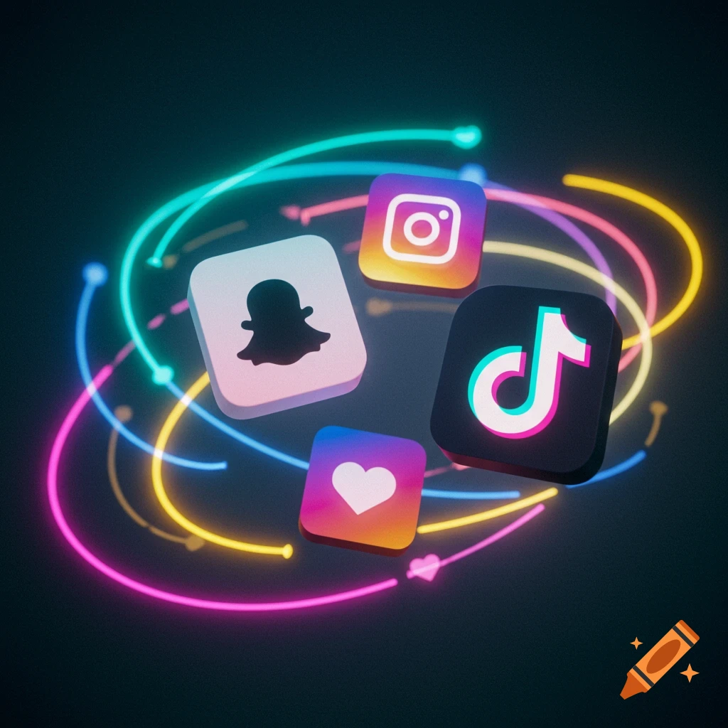3D render of social media app icons for Instagram, Snapchat, and TikTok, with a heart icon, surrounded by glowing neon lines on a dark background.