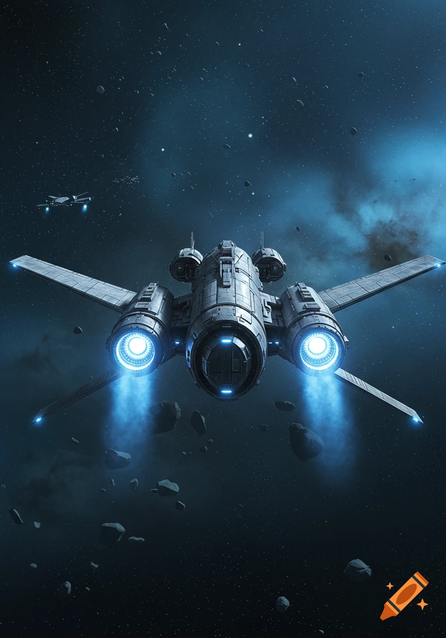 A futuristic spaceship with glowing blue thrusters flies through an asteroid field and nebula in dark space.