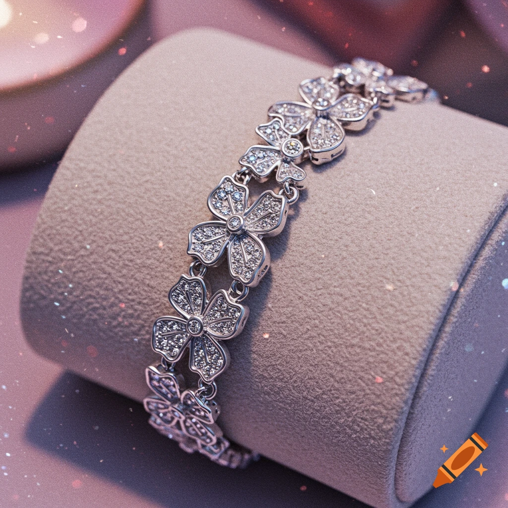 A silver flower bracelet with diamonds rests on a beige jewelry display cushion.