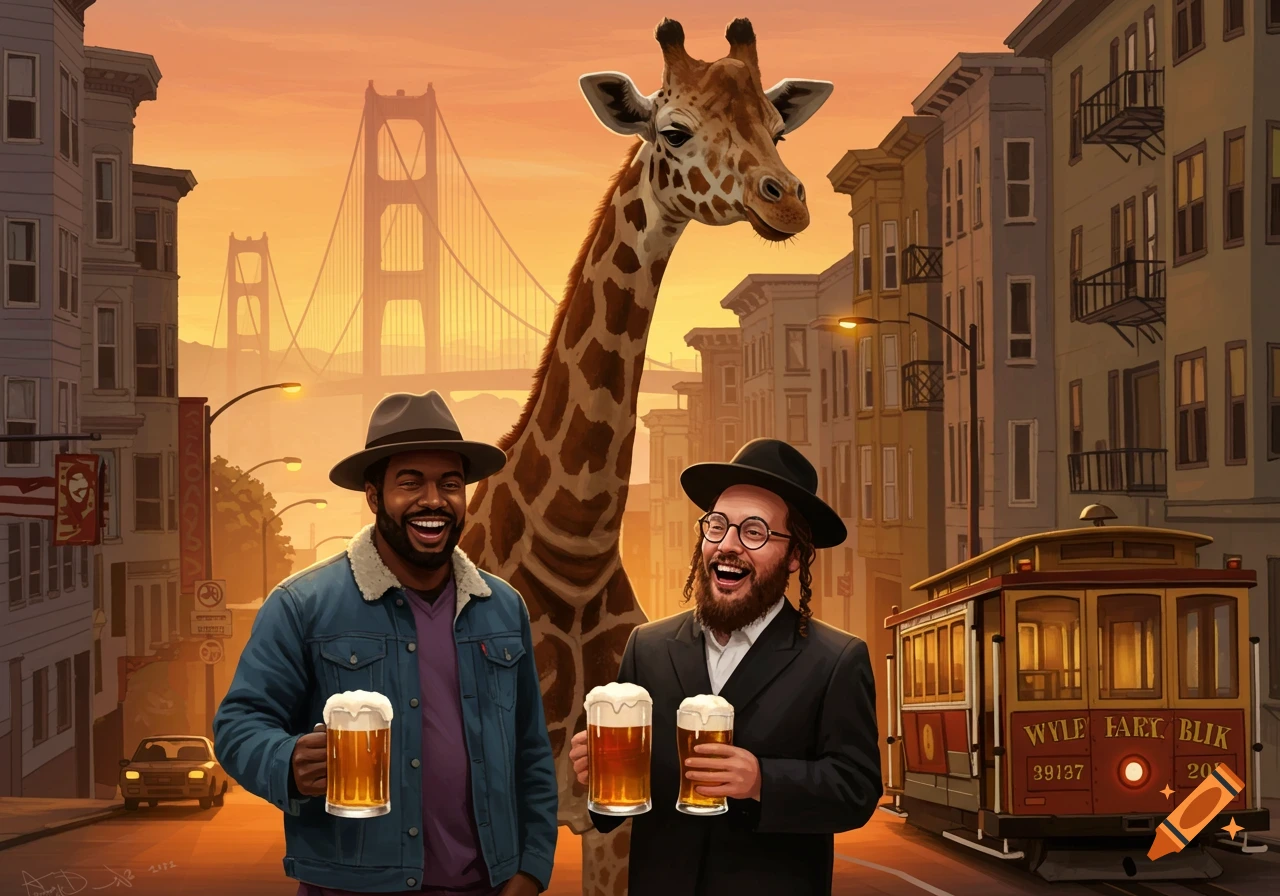 Two smiling men, one Black and one Jewish, holding beers with a giraffe behind them, on a street in San Francisco with the Golden Gate Bridge and a cable car in the background at sunset, in an illustrated style.