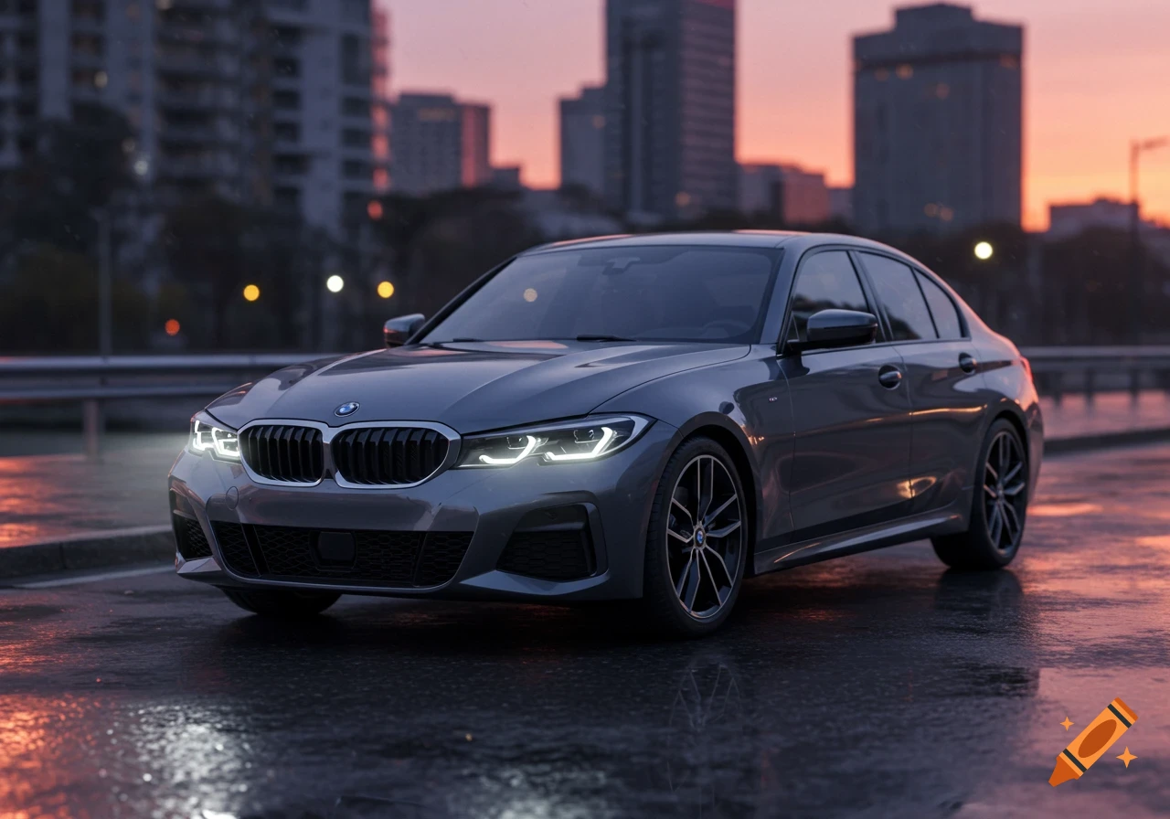 A gray BMW sedan parked on a wet city street at dusk, with glowing buildings in the background.