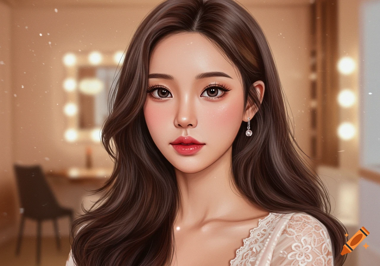 A stylized portrait of a young woman with long dark hair, rosy cheeks, and large eyes, wearing a lace top, against a blurred background with lights.