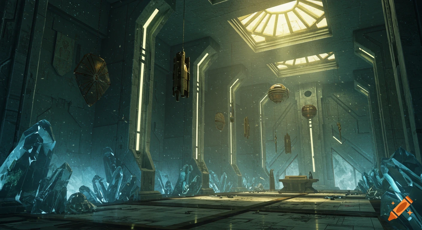 A grand, ancient Zeffonian Force temple interior with glowing astrium crystals, golden light, and floating relics.