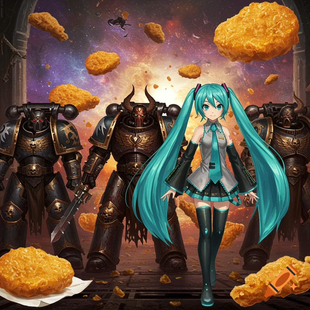 Hatsune Miku stands between two Chaos Space Marines, surrounded by floating chicken nuggets in a cosmic background.