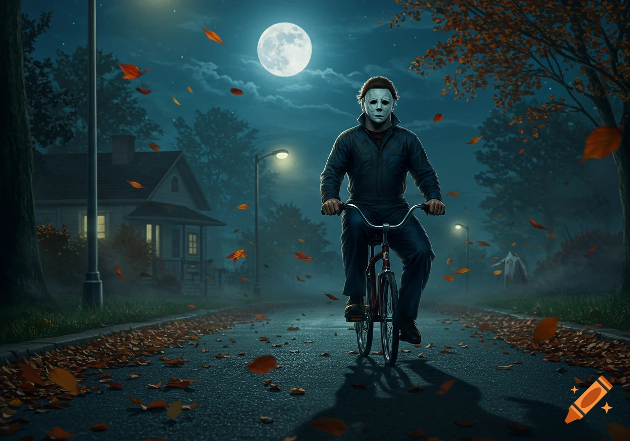 Illustration of Michael Myers riding a red bicycle on an autumn street at night under a full moon.