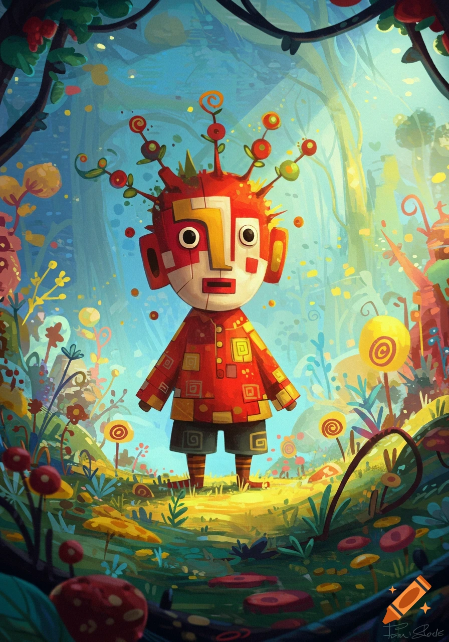 A whimsical, stylized character with a blocky, mask-like face and a red patterned outfit stands in a vibrant, colorful fantasy forest.