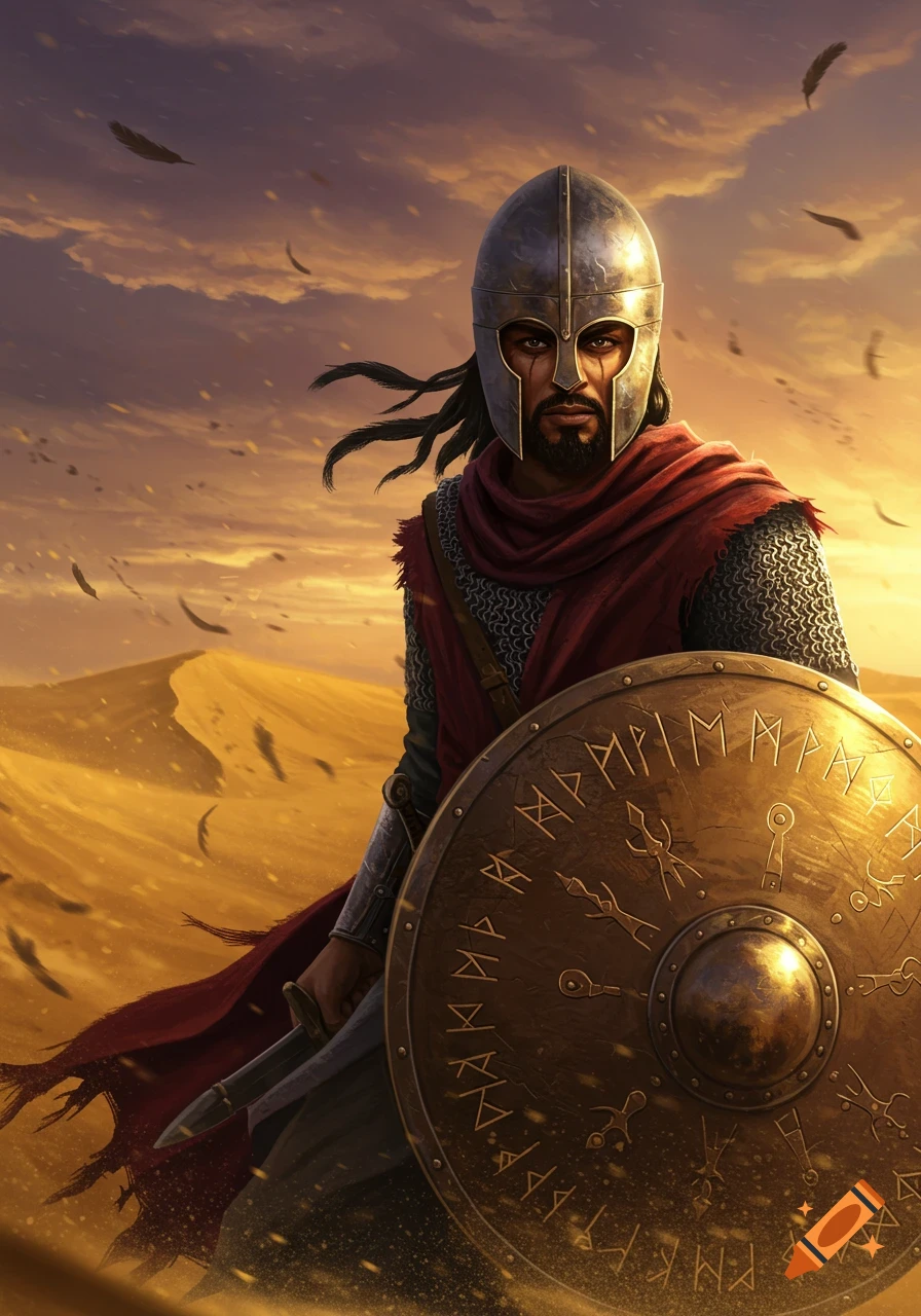 A warrior in a metal helmet and chainmail holds a golden shield with runes, standing in a desert at sunset.