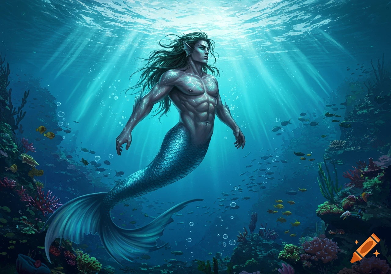 A muscular merman with long dark hair swims gracefully underwater amidst coral reefs and schools of fish, with light rays piercing from the surface.