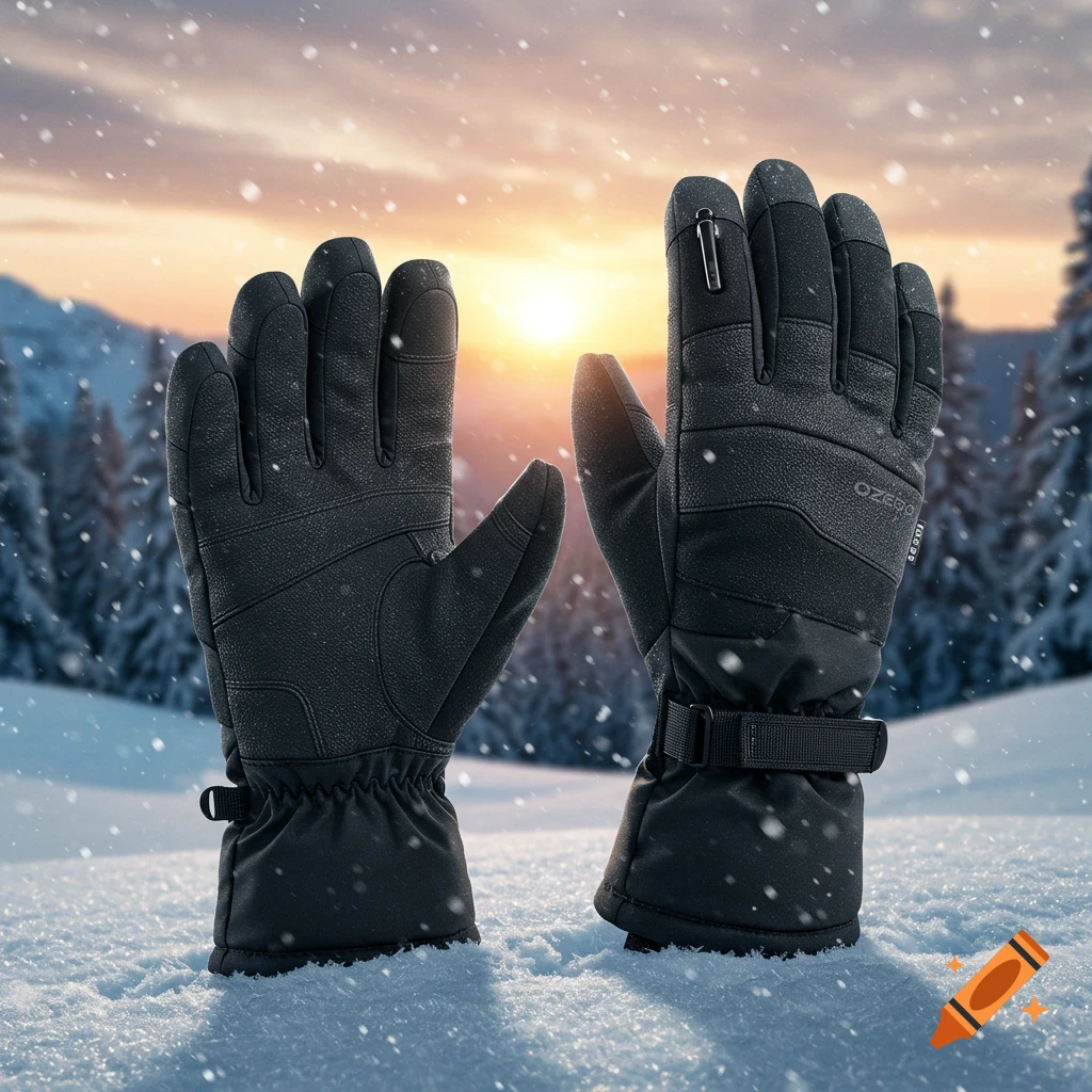 Photorealistic image of black winter gloves with a stylus on the thumb, standing in snow with a sunset over snowy mountains.
