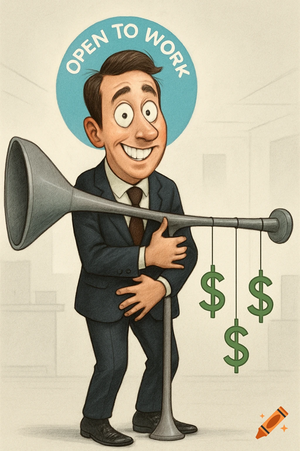Cartoon businessman with a wide smile holds a horn with dollar signs and an 'OPEN TO WORK' halo above his head. Illustration.