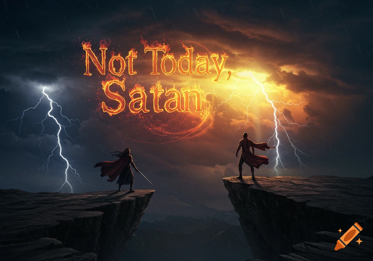 Fiery text 'Not Today, Satan' above two cloaked figures on rocky cliffs with lightning striking a stormy sky.