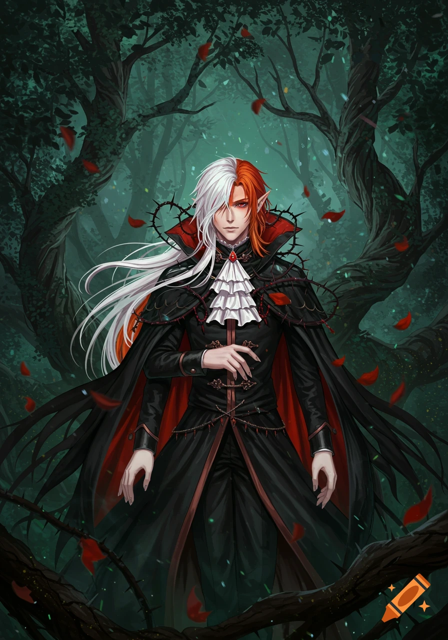 An anime vampire with split white and orange hair, red eyes, and pointy ears in gothic attire stands in a dark, thorny forest with red leaves.