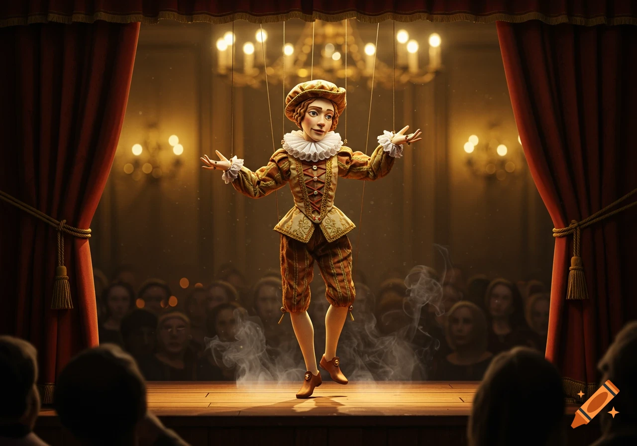 A marionette puppet in ornate historical clothing stands on a brightly lit stage with red curtains, performing for a blurred audience.