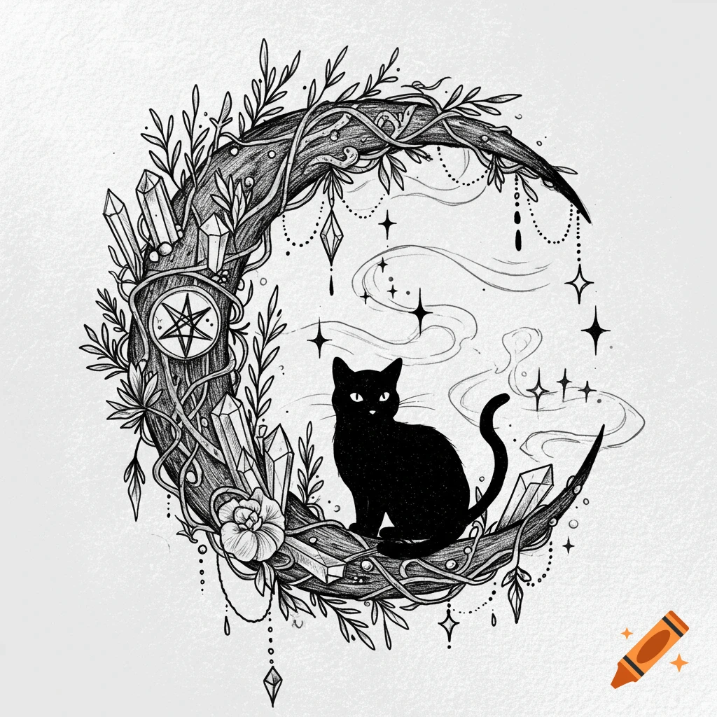 A black cat sits on a crescent moon adorned with crystals and vines in a black and white sketch tattoo design.