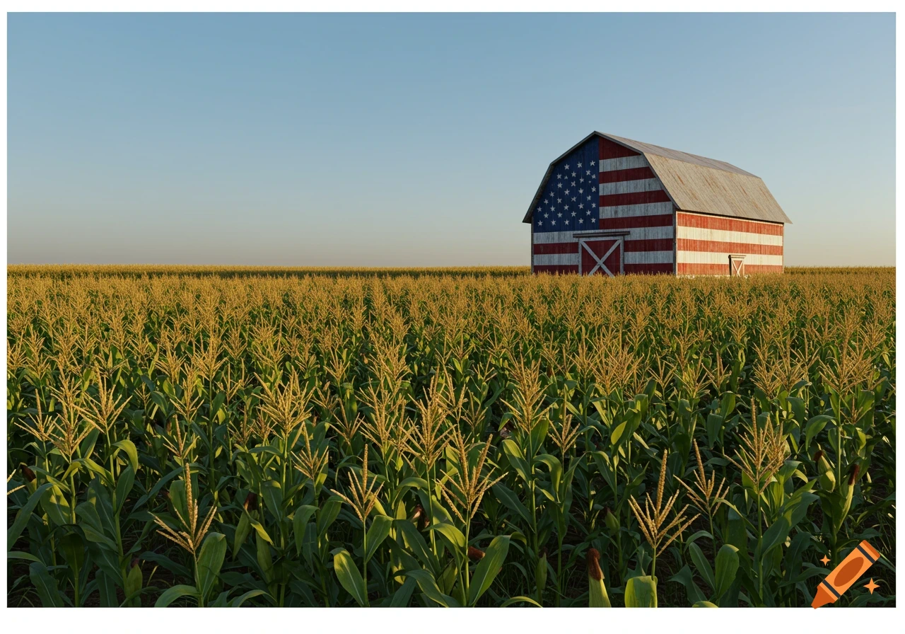 Photorealistic image of a barn painted with the American flag in a vast cornfield under a clear sky.