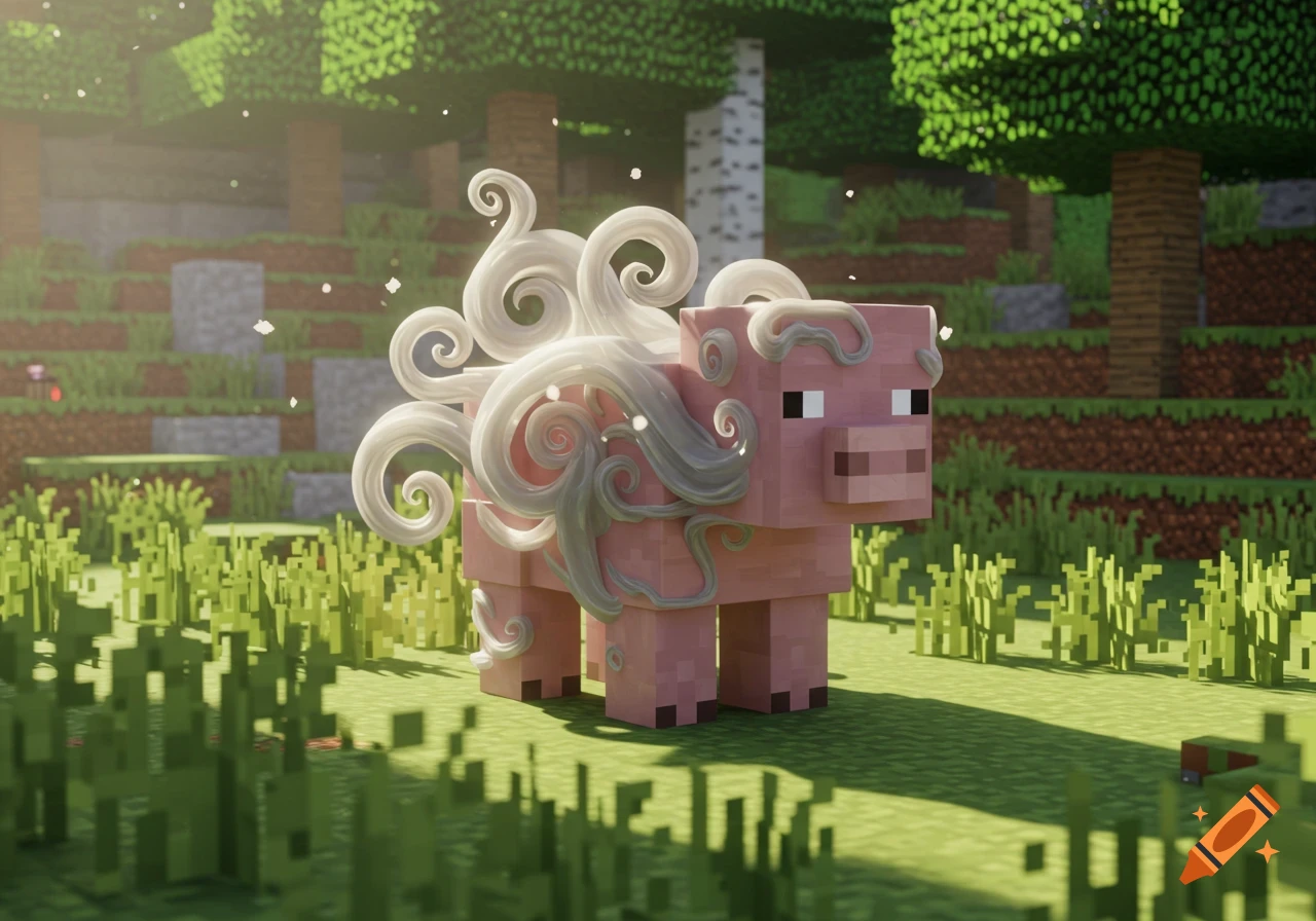 A blocky pink pig with swirling gray and white mane-like features stands in a pixelated Minecraft forest.