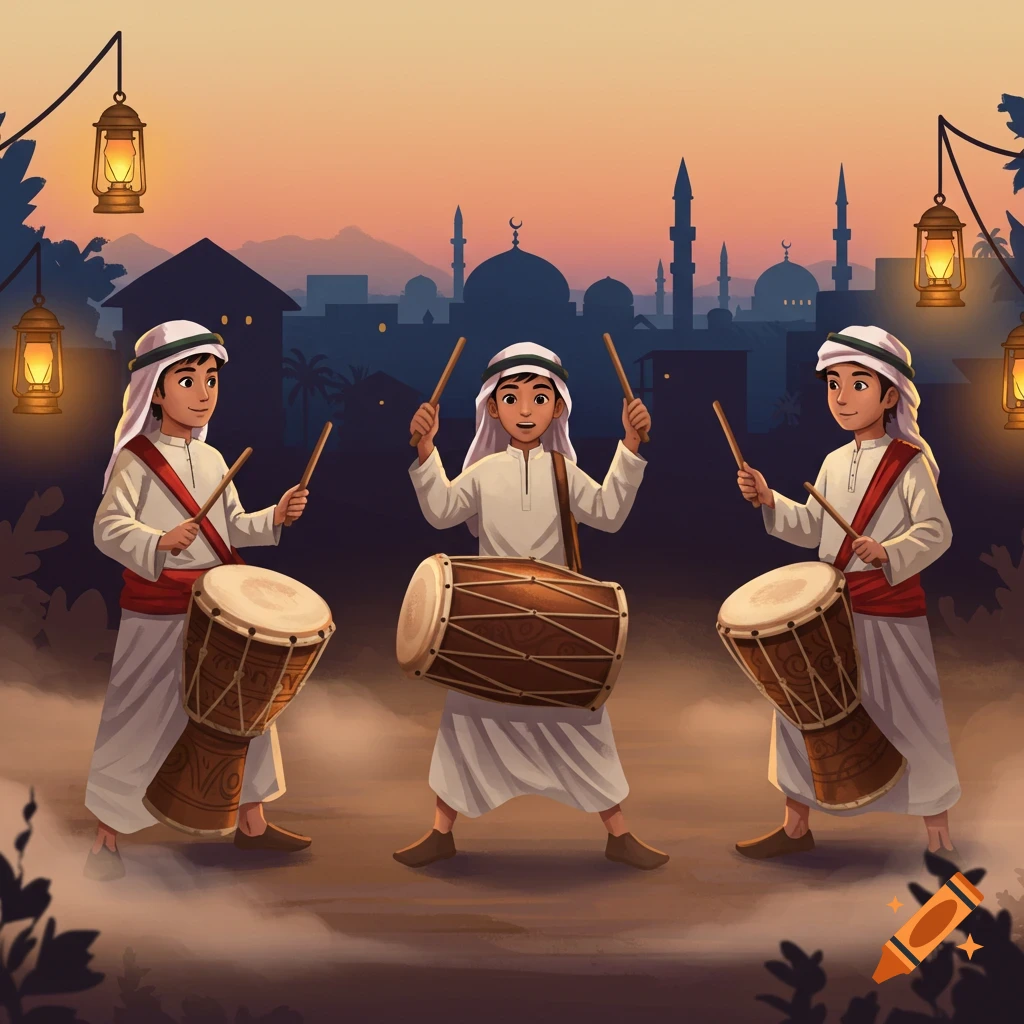 Three boys in traditional Middle Eastern attire play drums at sunset with a mosque skyline in the background.