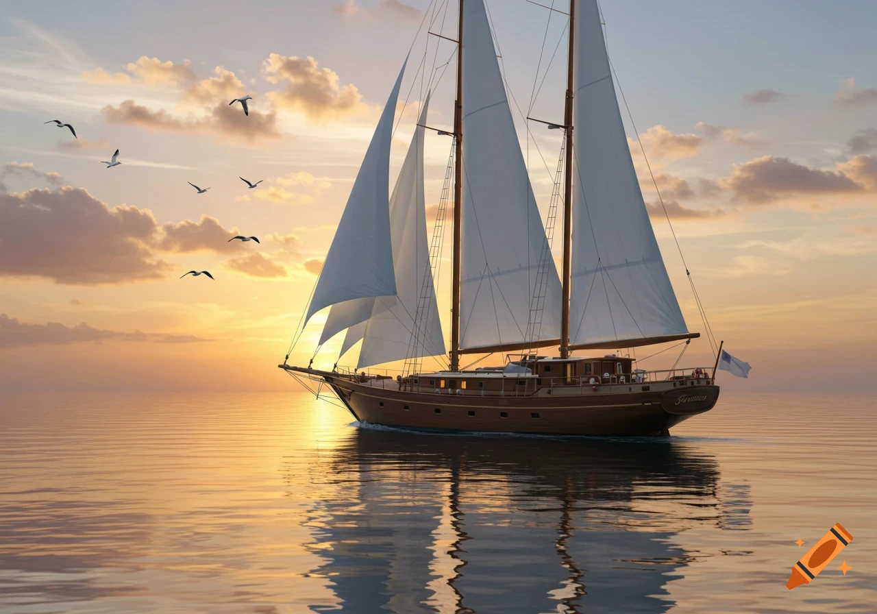 A large sailboat with white sails glides on calm water under a golden sunset sky with birds flying.