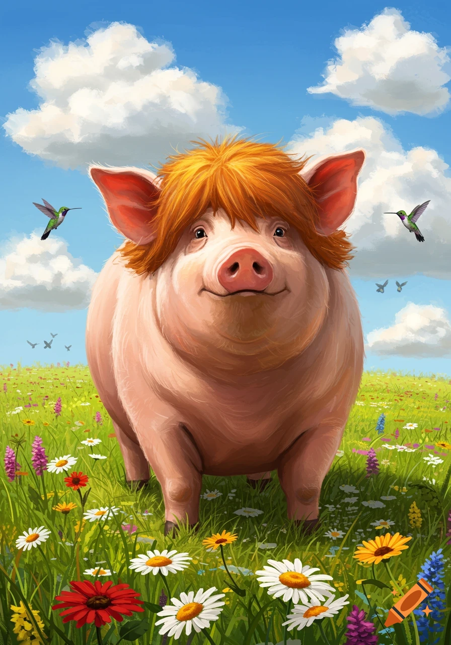 A smiling pig with ginger hair stands in a vibrant meadow with colorful wildflowers, under a blue sky with clouds and hummingbirds.