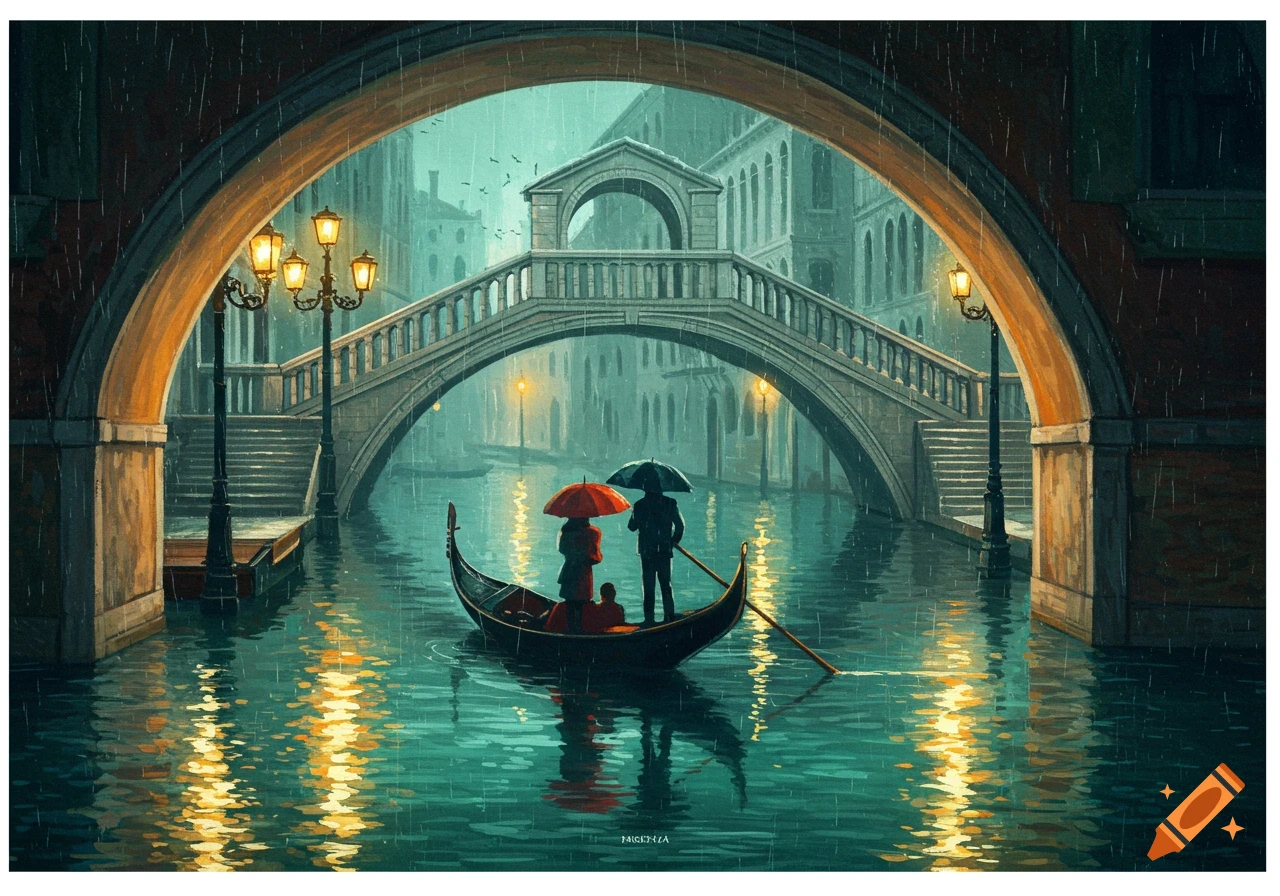 Painterly illustration of a gondola with a couple under a bridge in Venice on a rainy night, reflections on the canal.
