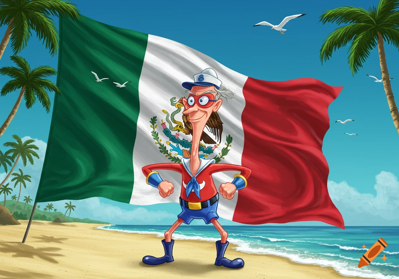 Cartoon Barnacle Boy in front of a large Mexican flag on a sunny beach with palm trees and seagulls.
