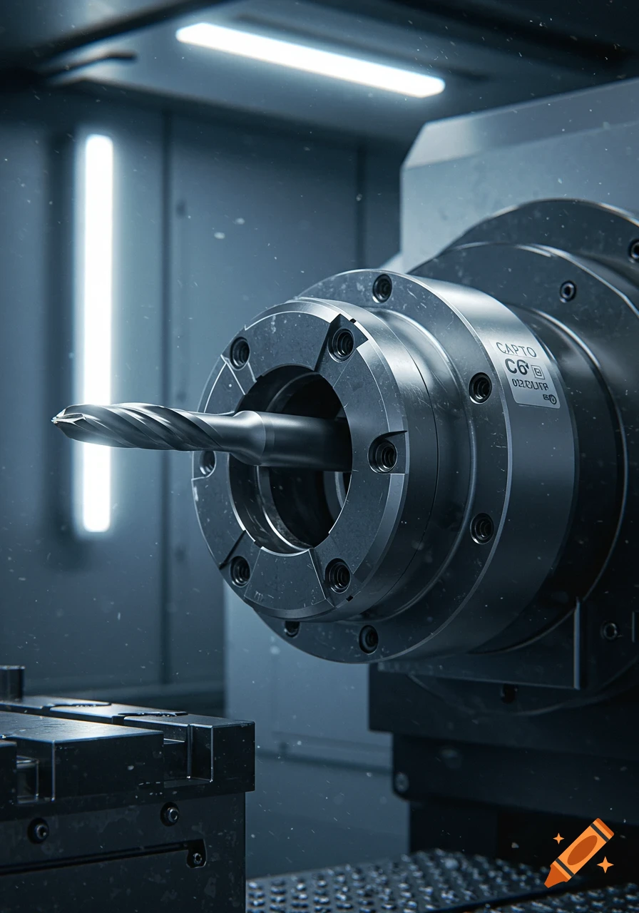 Close-up of a sharp endmill tool secured in a 'CAPTO C6' holder on industrial machinery, with bright overhead lights.