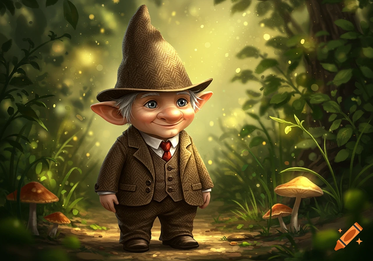 Cute gnome in a brown tweed suit and pointy hat stands in a magical forest with glowing particles and mushrooms.