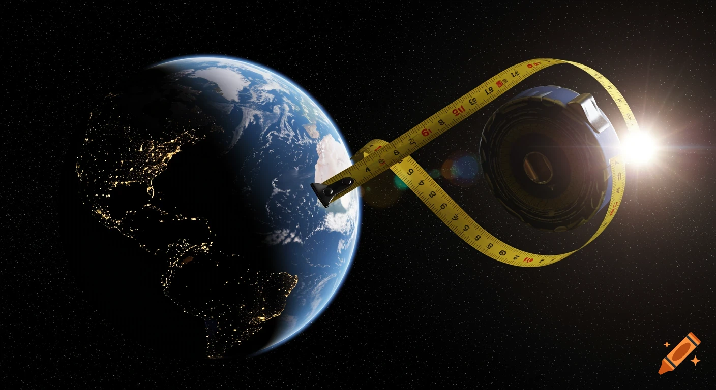 A massive yellow measuring tape extends from the Earth, with one end on the planet and the other end wrapping around a large tape measure reel in space, glowing brightly.