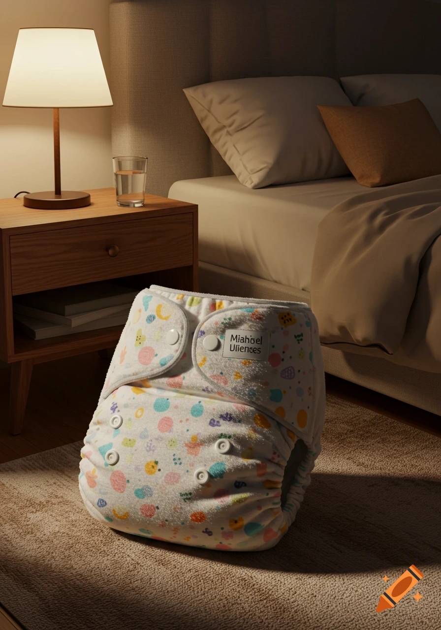 A white cloth diaper with colorful patterns stands upright on a carpeted floor in a dimly lit bedroom, next to a wooden nightstand with a lamp and a glass of water.