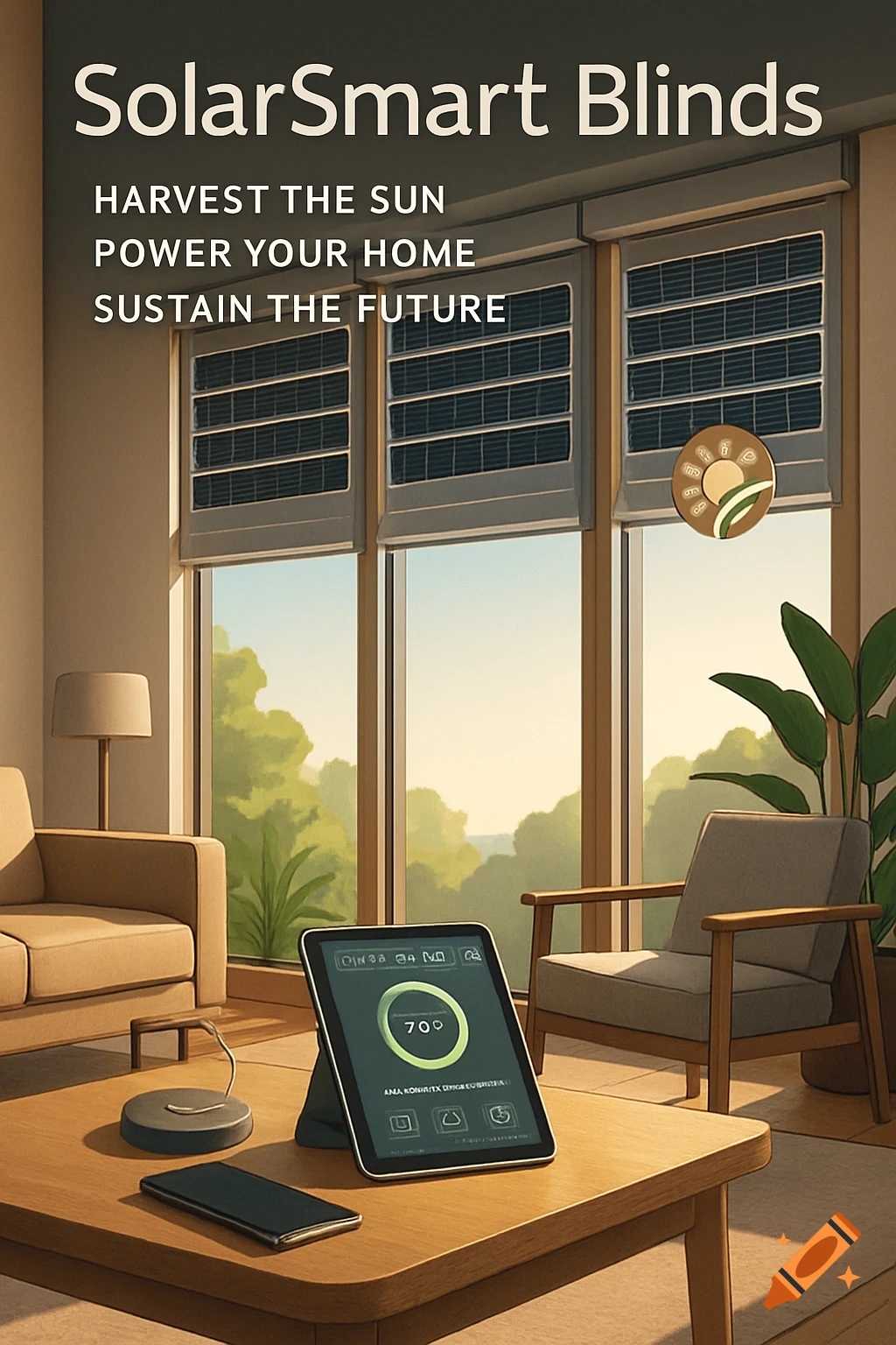 A modern living room with large windows fitted with solar-powered blinds, a tablet displaying energy info, and a phone charging. Sunlight streams in.