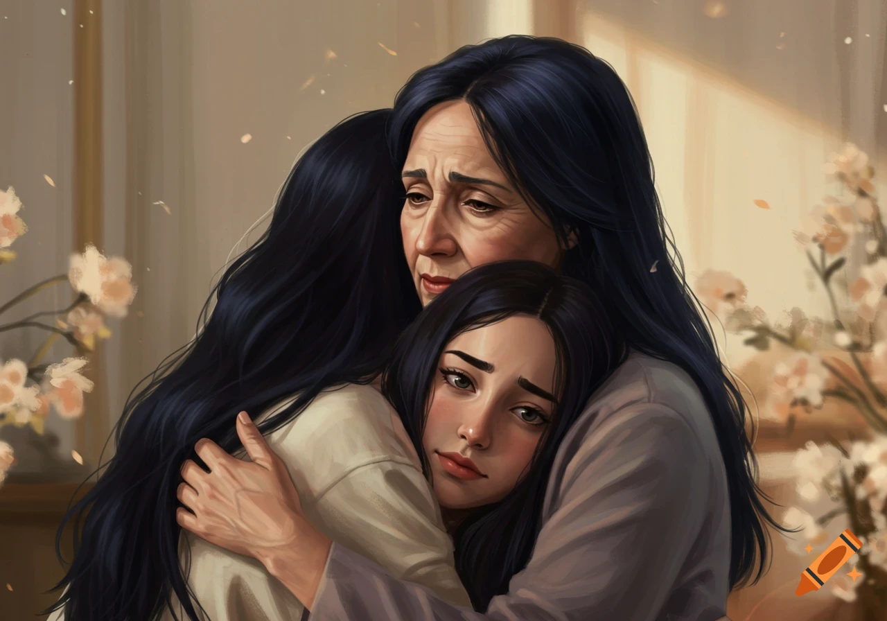 An older woman with long dark hair embraces a younger woman with long dark hair, both looking sad. Soft light and cherry blossoms are in the background. Digital painting.