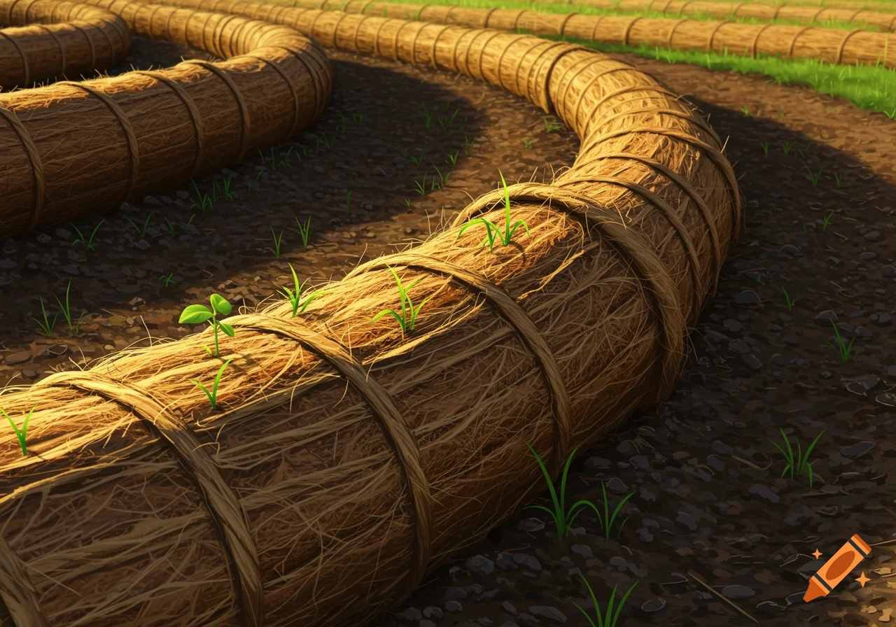 Close-up of brown coconut coir logs arranged in a curve on dark soil with green sprouts in a sunlit field.