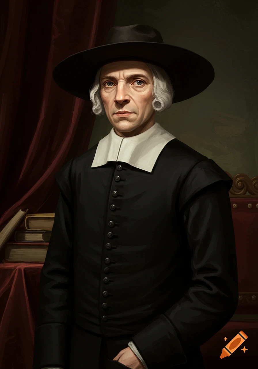 A solemn man in a black Quaker hat and suit with a white collar, against a dark, ornate background.