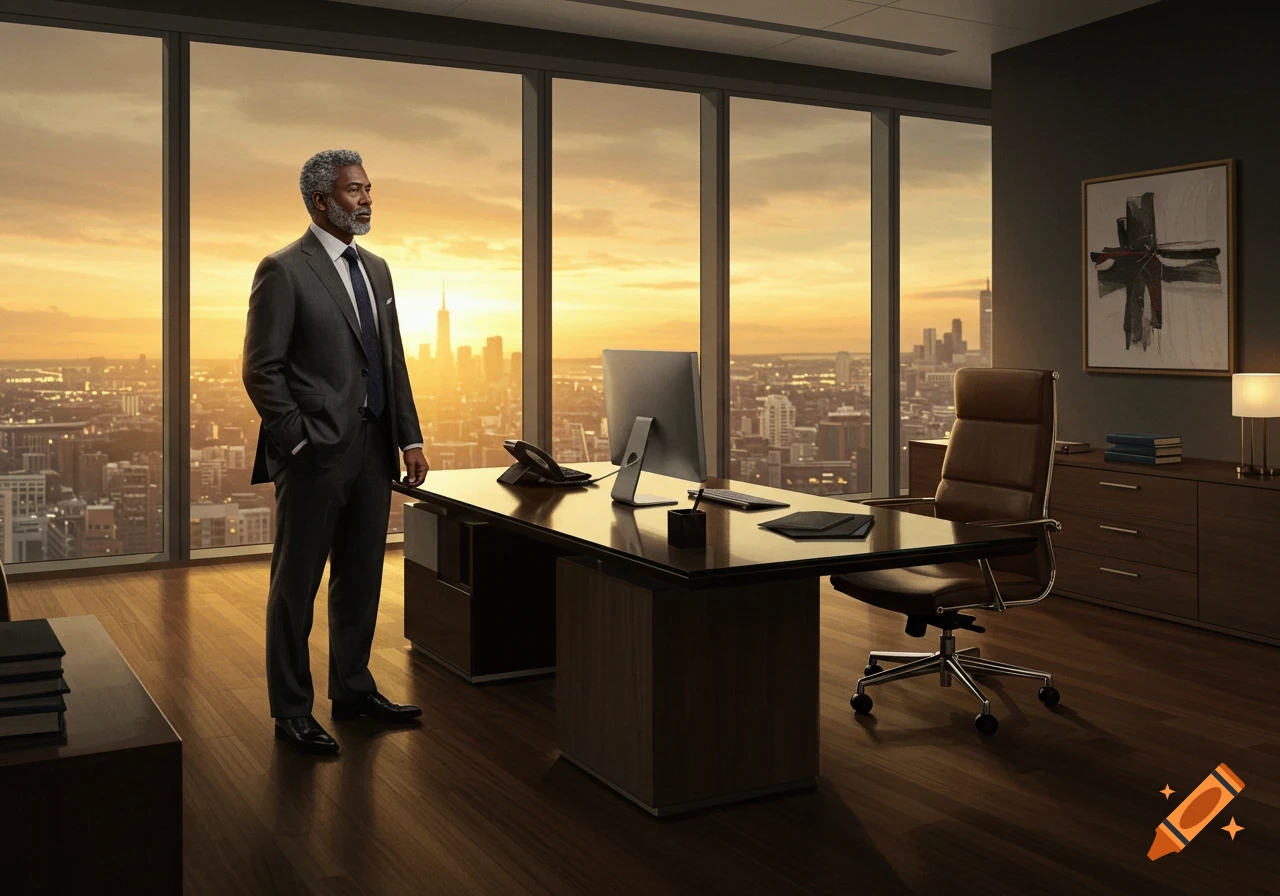 A man in a suit stands in a high-rise office overlooking a city skyline at sunset, photorealistic style.
