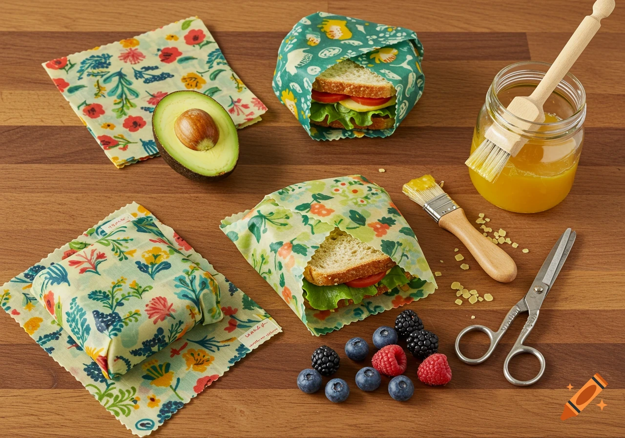 A flat lay of colorful, patterned reusable beeswax food wraps with sandwiches, an avocado, berries, beeswax, a brush, and scissors on a wooden table.