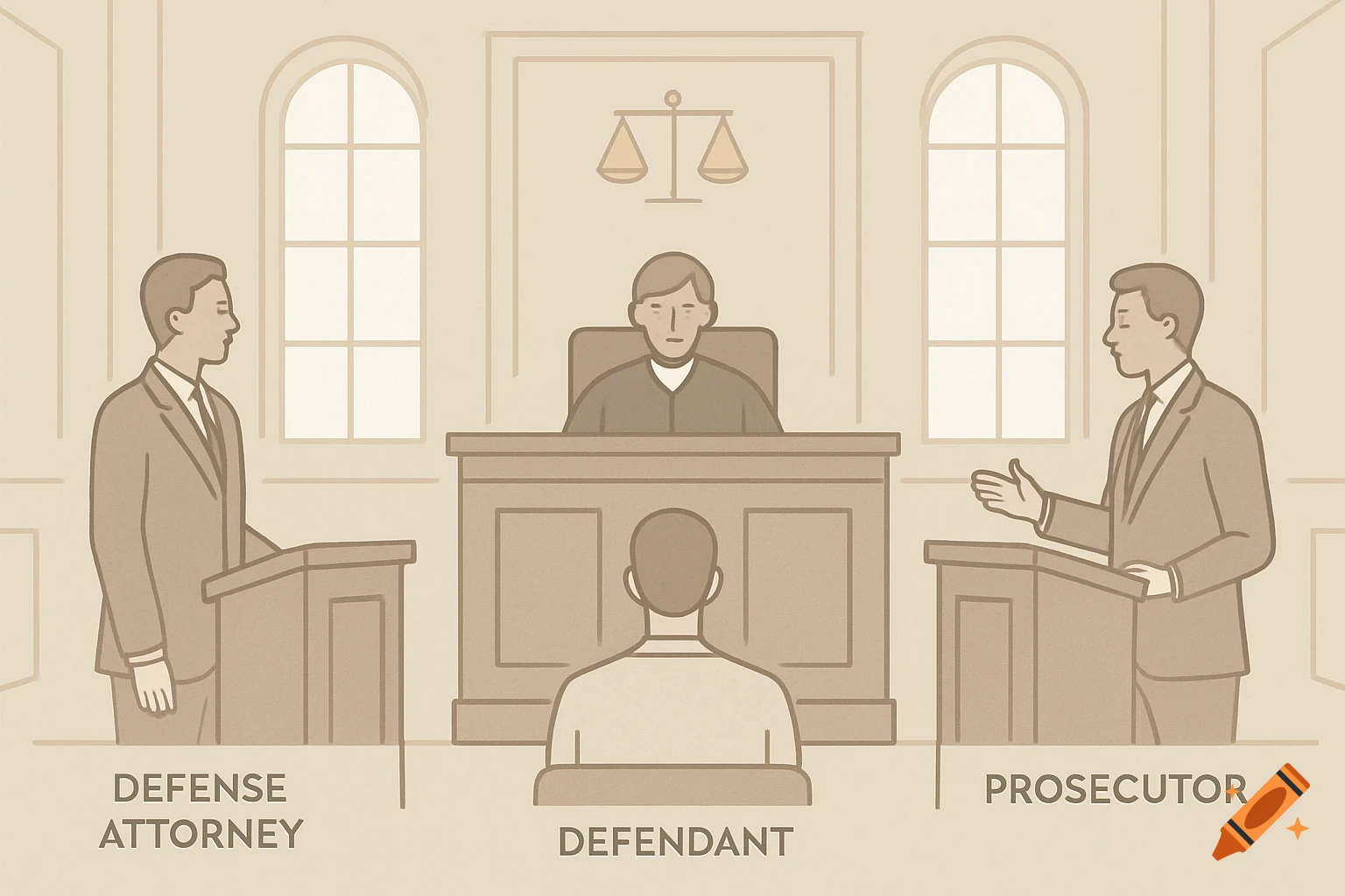 A simple, minimalistic illustration of a courtroom with a judge, defense attorney, prosecutor, and defendant, labeled with text.