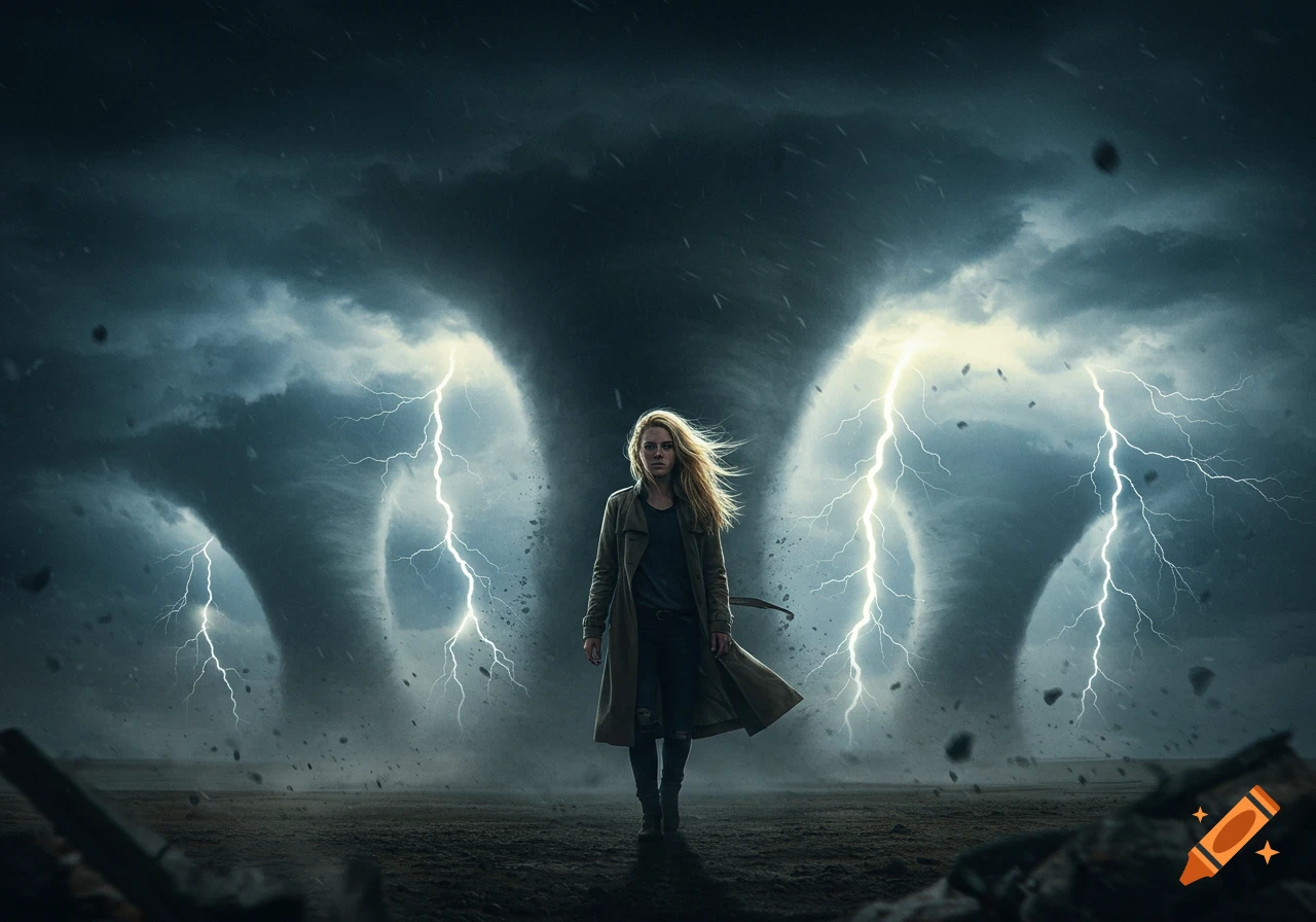 A blonde woman stands defiantly before three massive tornadoes and striking lightning in a dark, stormy landscape.