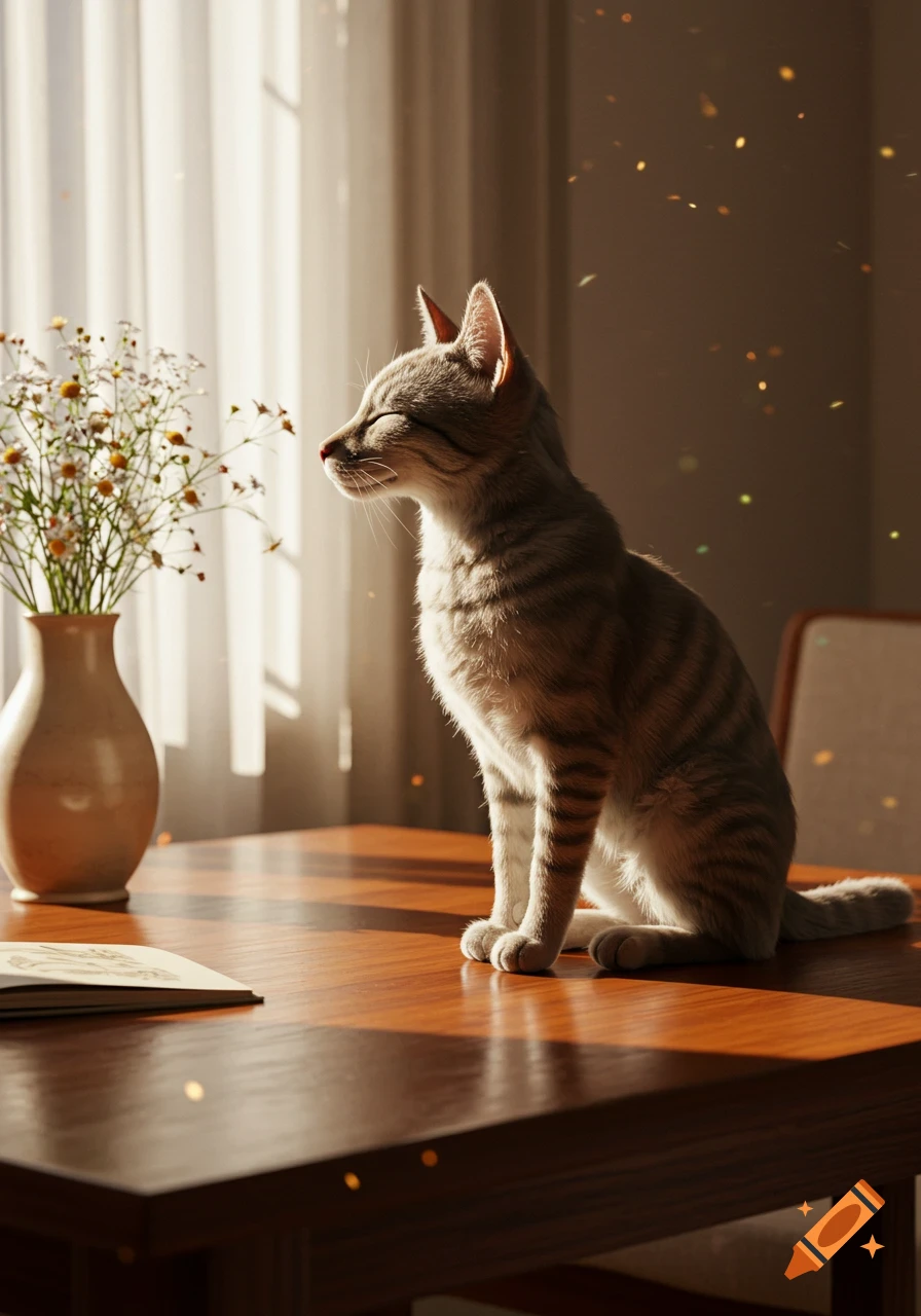 A tabby cat sits on a wooden table, eyes closed, basking in sunlight from a window next to a vase of white flowers.