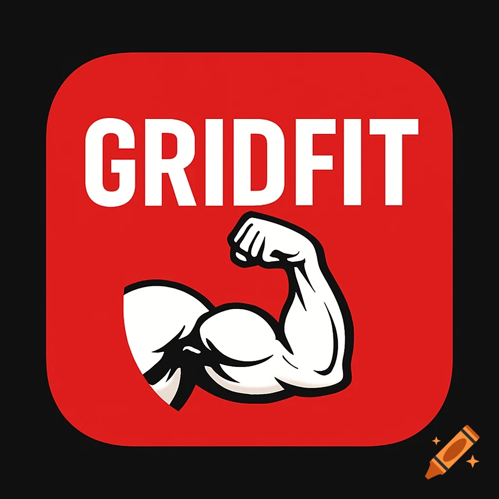 An app logo with a red background, white text 'GRIDFIT', and a flexing white muscle arm.