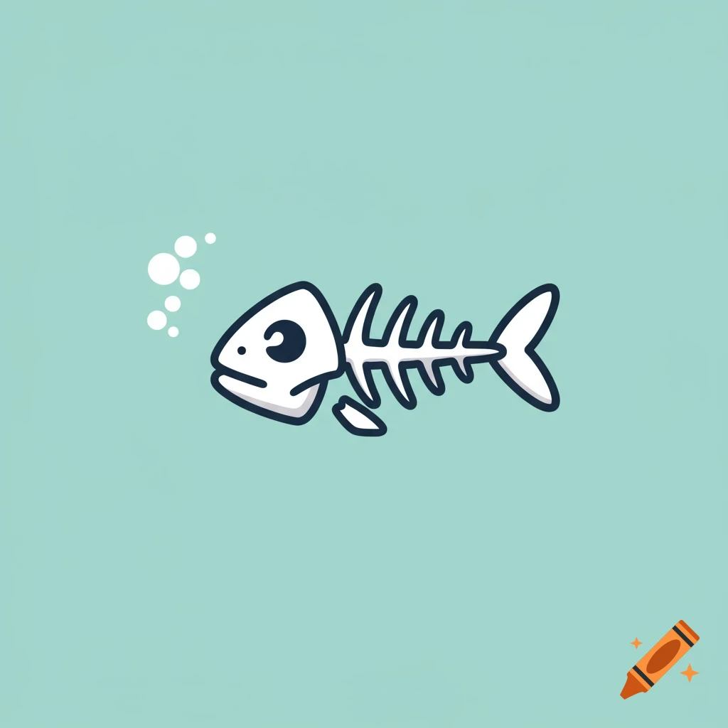A simple cartoon icon of a white fish skeleton with bubbles on a light blue background.