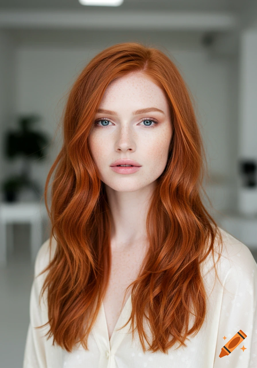 A young woman with long, wavy red hair and blue eyes looks directly forward.